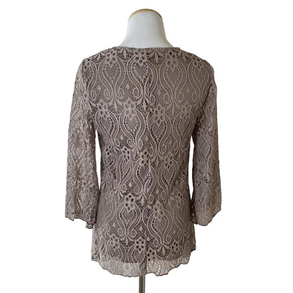 Brittany Black Tan Lace Top Long Sleeve Scoop Neck Size Small NWT - Picture 2 of 5